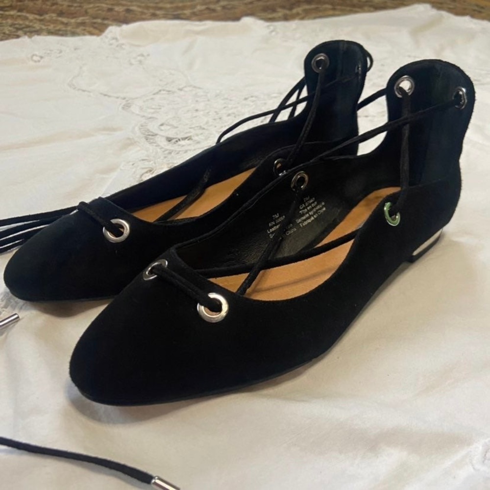 Halogen suede leather lace up tie double strap black and silver ballet flats